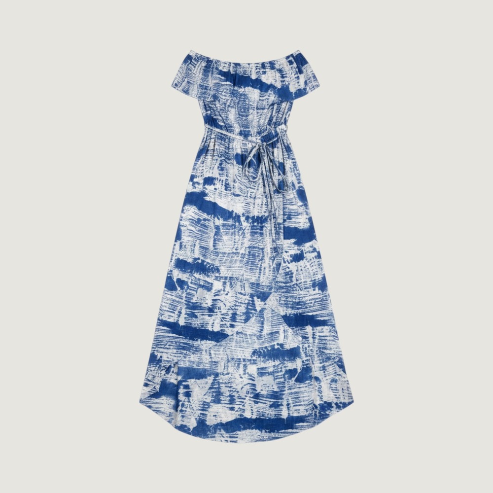 Cynthia Rowley Blue White Abstract Mesh High Low Off Shoulder Maxi Dress Small